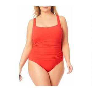 Anne Cole Square Neck Shirred Bandeau One-Piece Swimsuit Red Plus Size 20W NWT